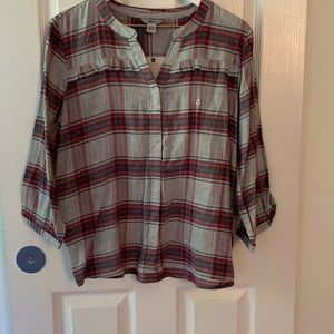 Never worn 3/4 length sleeve. Red and blue plaid pattern